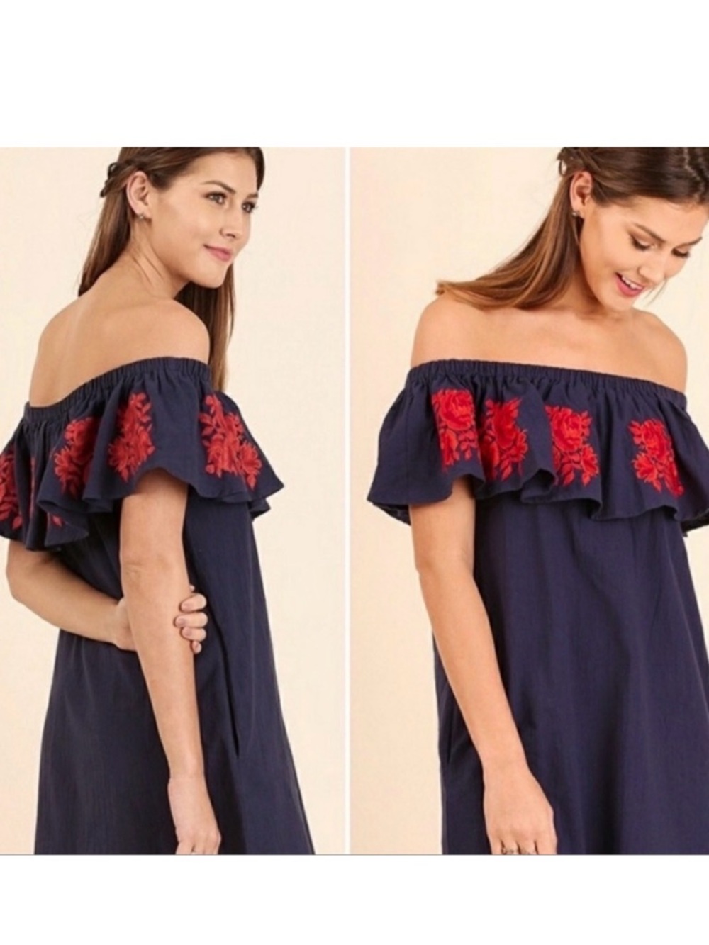 UMGEE Navy off the shoulder women’s dress with red flower embroidery.